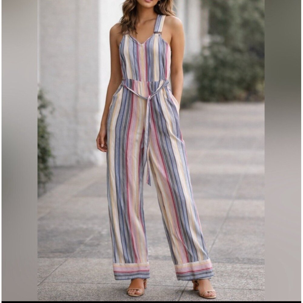 NEW Derek Heart stripe Jumpsuit yellow blue red Sleeveless MEDIUM